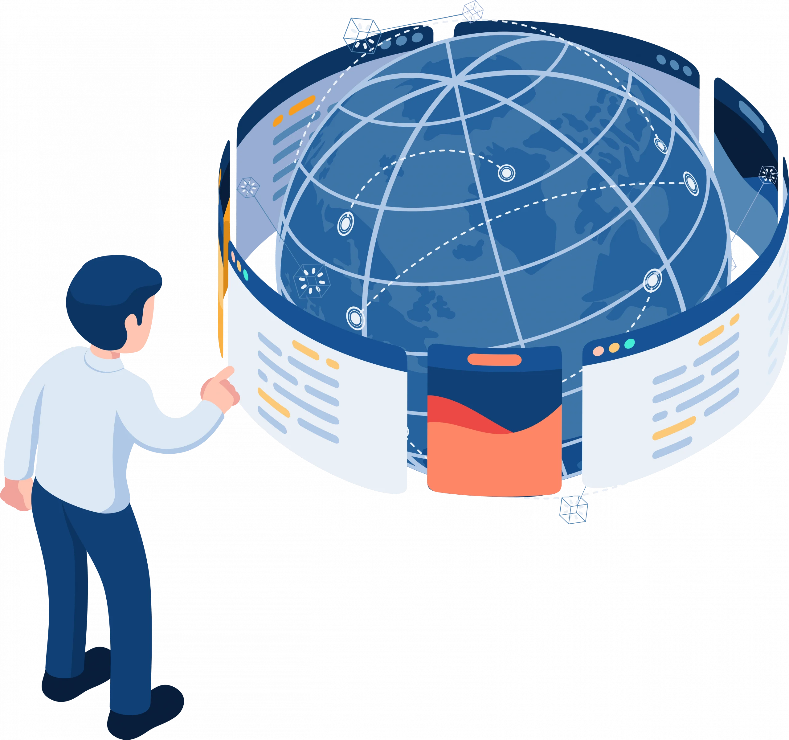 domain ke hosting Isometric Businessman Surfing Webpage Around The World