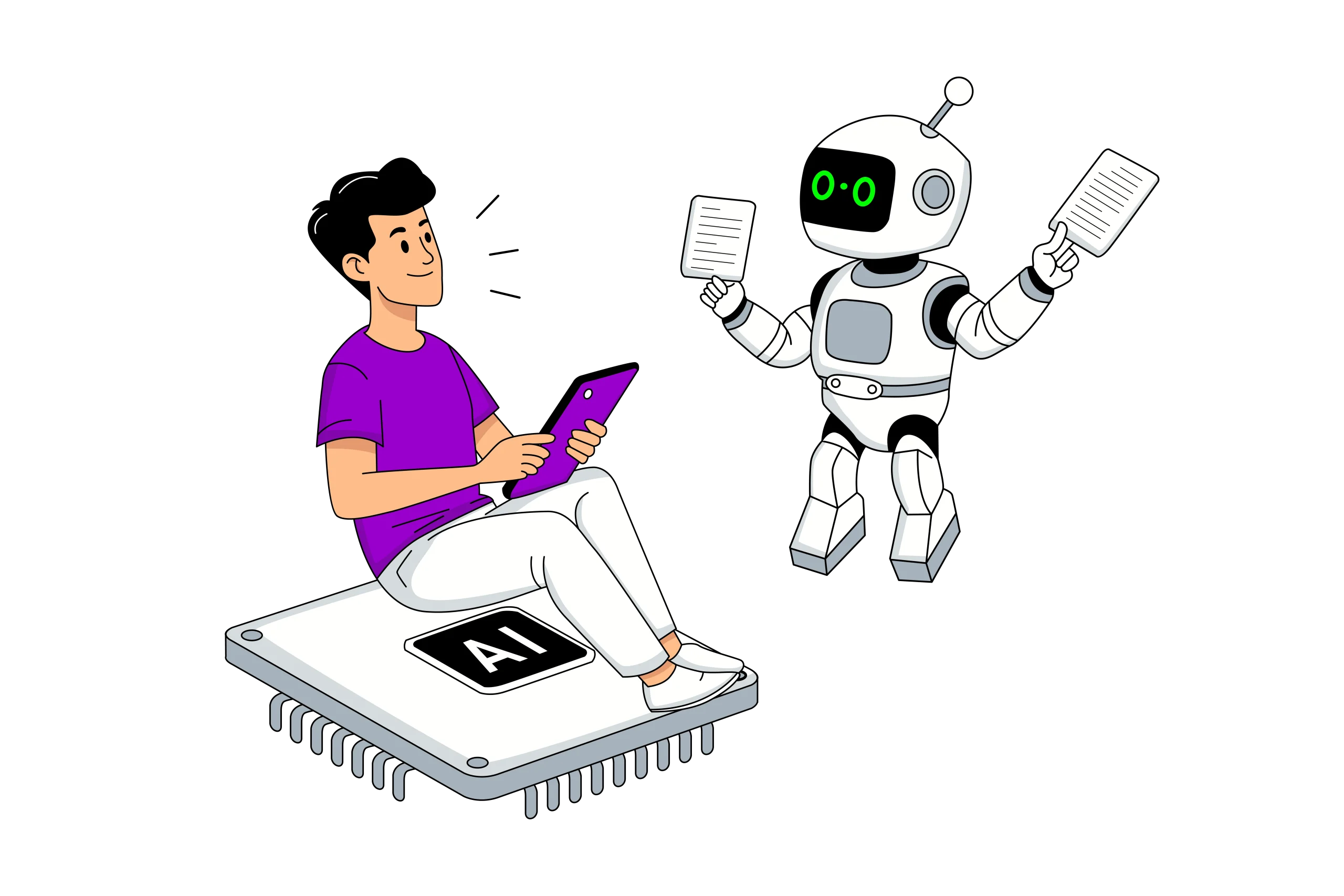 Nyaman Man and Robot Working with AI Illustration