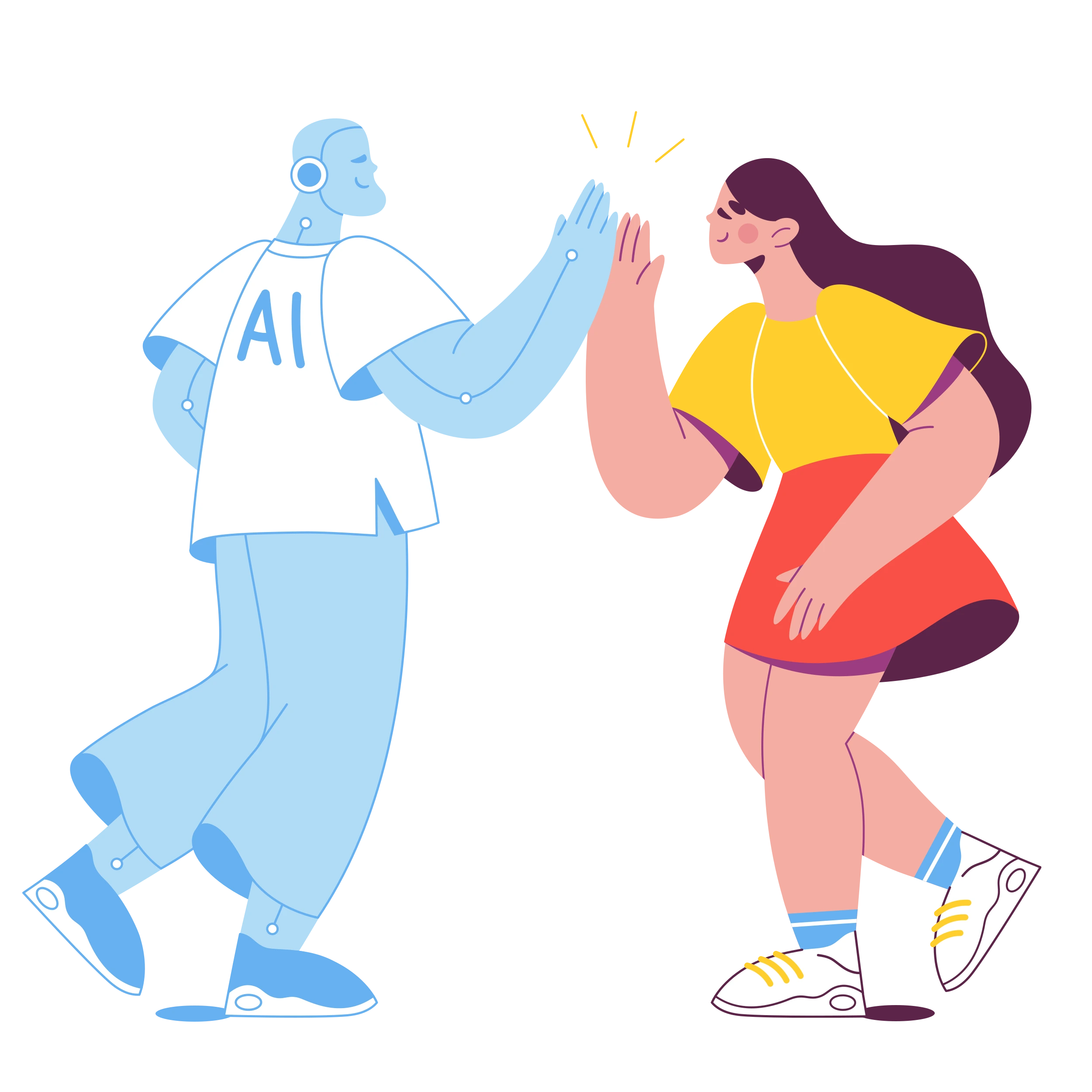 Woman high-fiving to artificial intelligence robot Woman high-fiving to artificial intelligence robot
