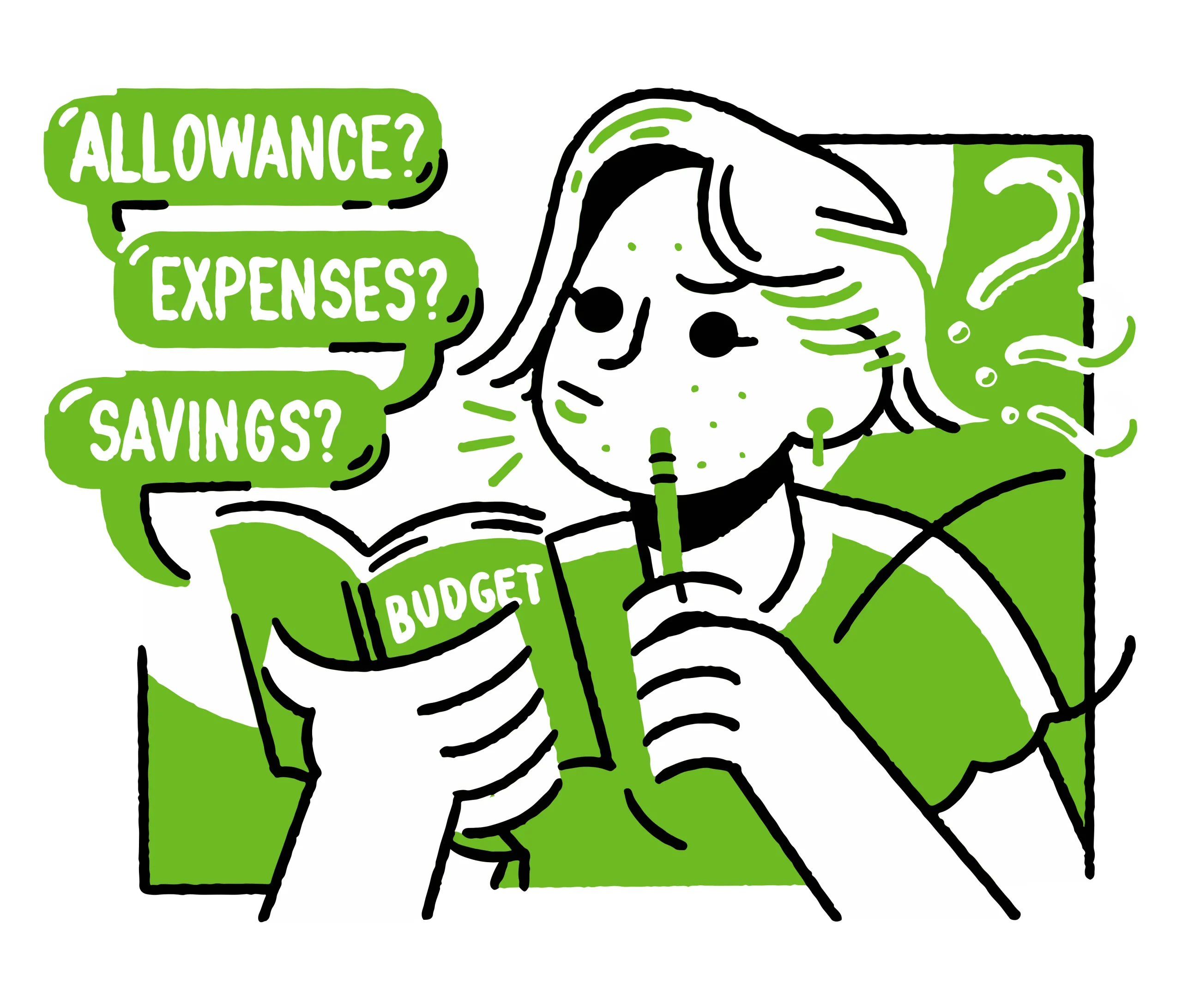seseorang yang sedang terapkan frugal living membaca buku anggaran sambil mempertimbangkan uang saku, pengeluaran, dan tabungan untuk perencanaan keuangan
