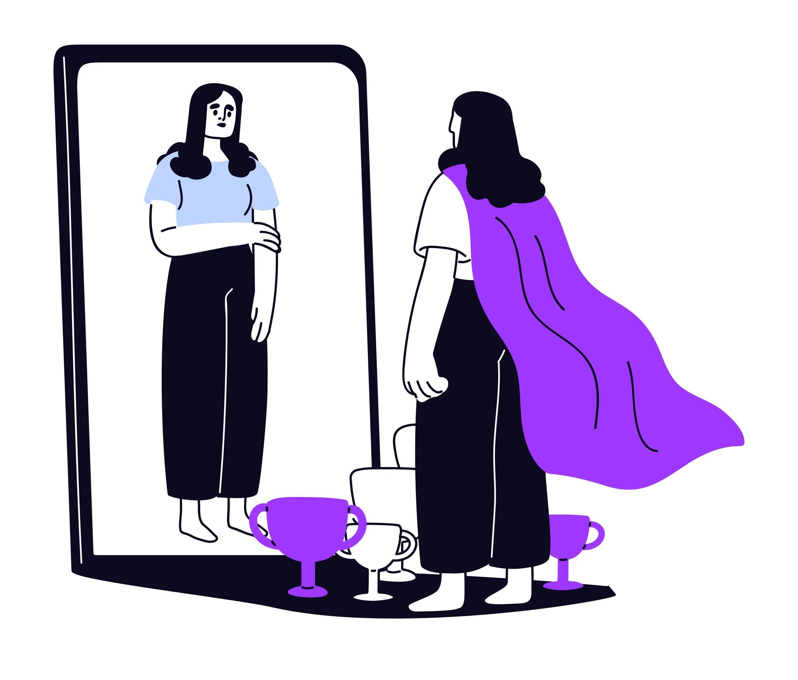 Gambar ini ilustrasikan imposter syndrome, ketika seorang merasa kurang percaya diri atas kemampuan atau keberhasilan yang sebenarnya dimiliki.