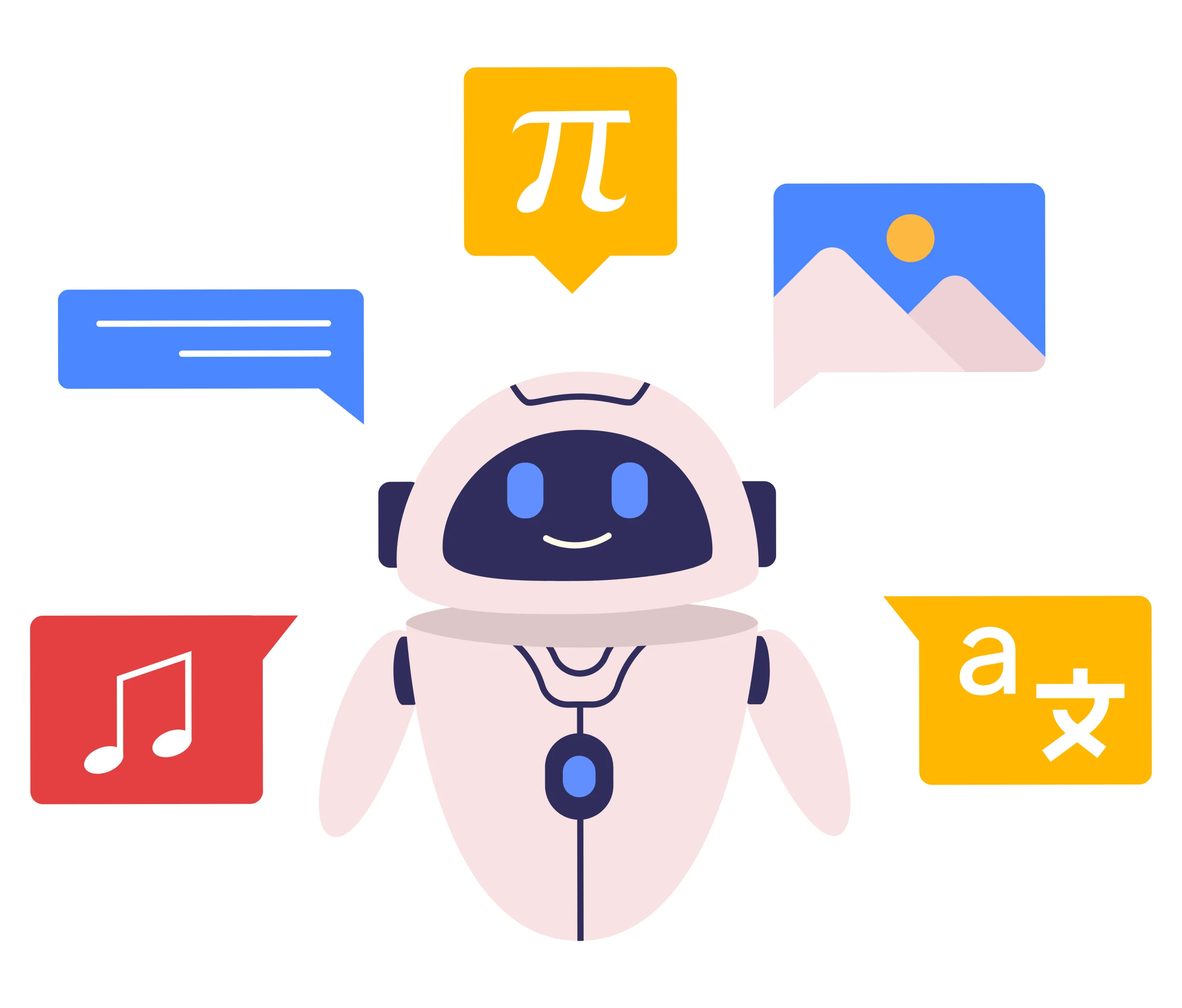 Ilustrasi robot AI ramah, dikelilingi berbagai ikon data seperti teks, gambar, musik, matematika, dan bahasa melambangkan konsep multimodal AI