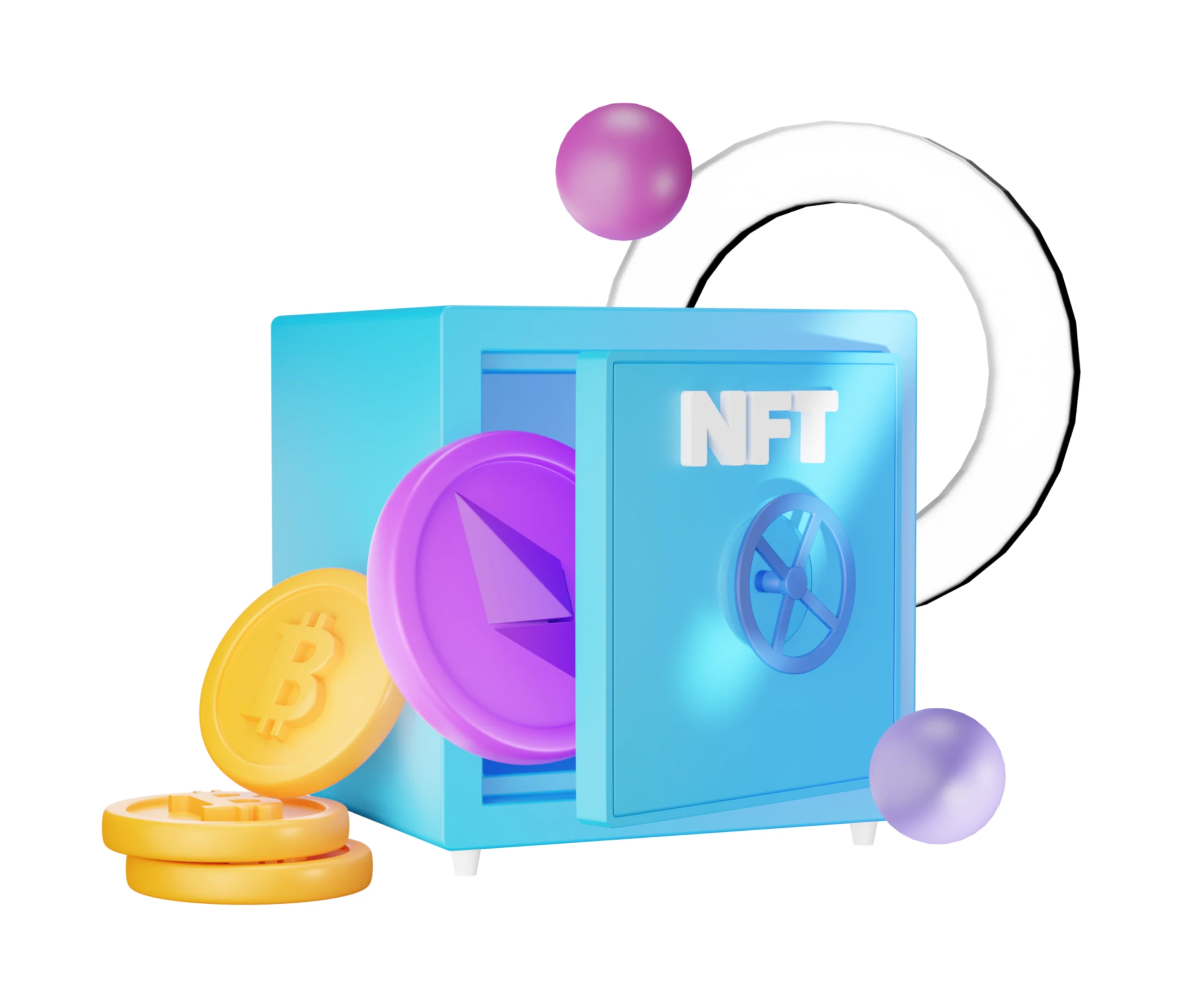 Representasi visual gaya 3D crypto art & nft dari brankas digital berwarna biru muda yang sedikit terbuka