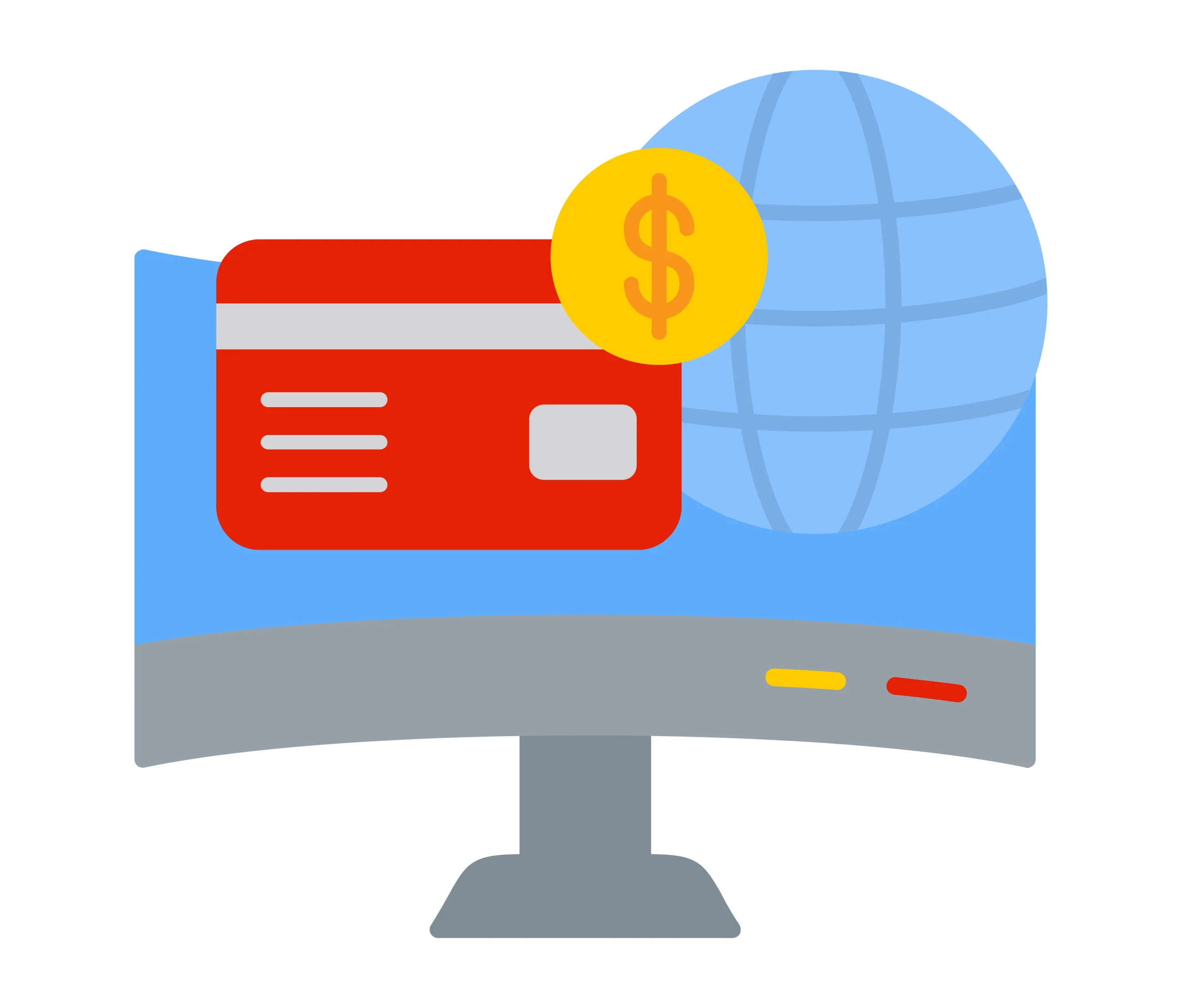 Ilustrasi ikon komputer desktop dengan kartu kredit merah besar melambangkan sistem payment gateway