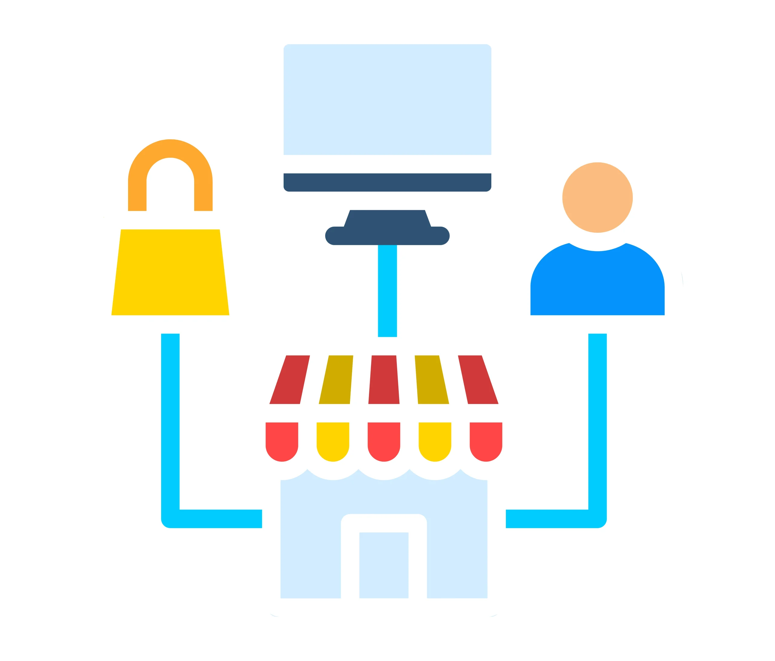 Grafik jaringan omnichannel modern yang menghubungkan toko fisik, platform belanja daring pada komputer, serta profil konsumen. Grafik jaringan omnichannel modern yang menghubungkan toko fisik, platform belanja daring pada komputer, serta profil konsumen.