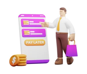 Ilustrasi pria berbelanja menggunakan fitur paylater” di aplikasi ponsel, dengan koin dan tas belanja yang melambangkan pembayaran ditunda atau cicilan digital.