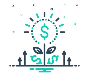 Ilustrasi tanaman berbentuk simbol dolar yang tumbuh dengan panah ke atas, melambangkan frugal living, tabungan, dan kekayaan finansial