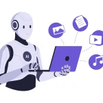 Ilustrasi robot AI sedang menggunakan laptop dengan berbagai jenis ikon data digital untuk pengolahan multimodal AI