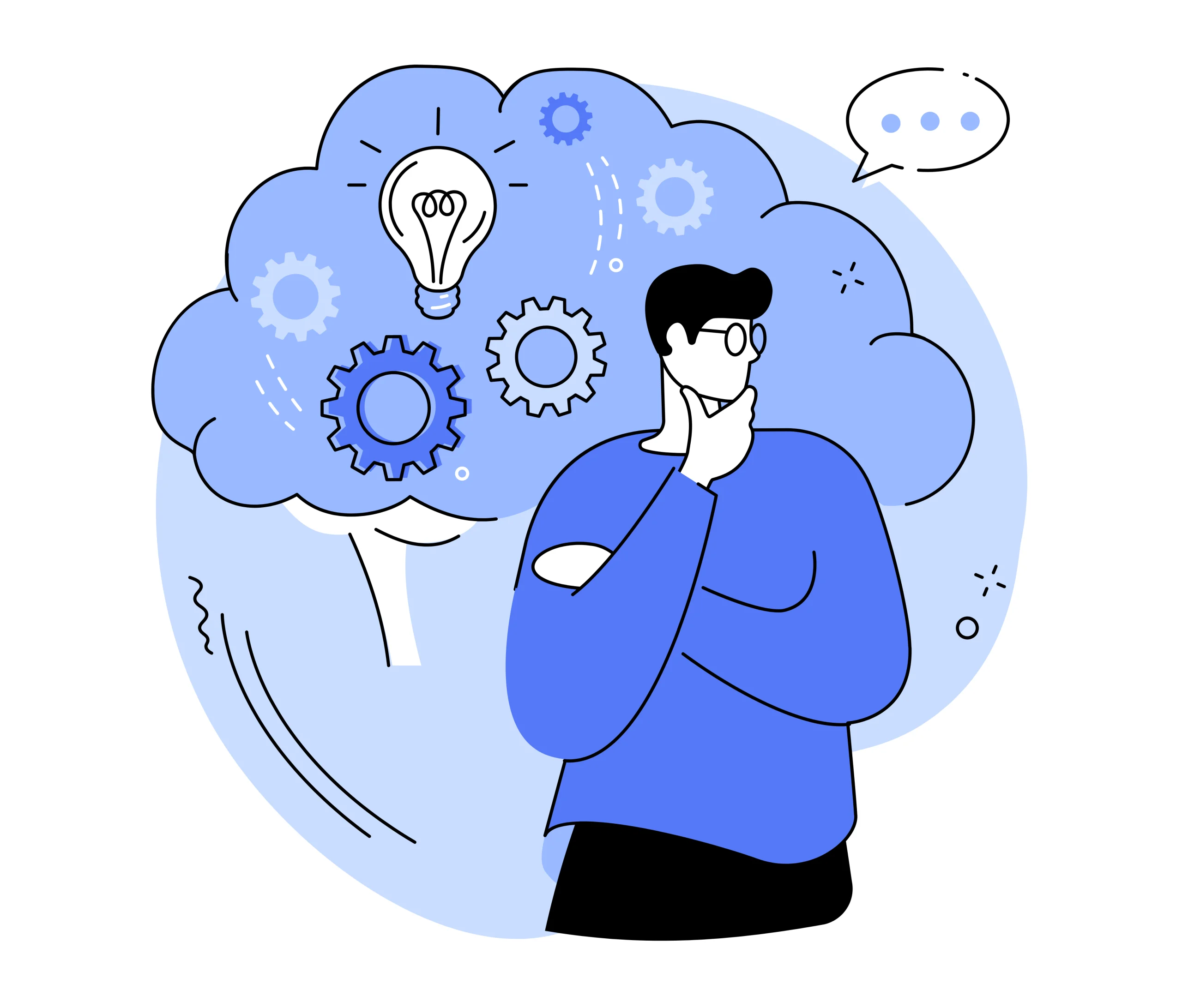 Ilustrasi proses Critical Thinking menampilkan seorang pria dengan latar belakang simbol otak, roda gigi, dan lampu ide