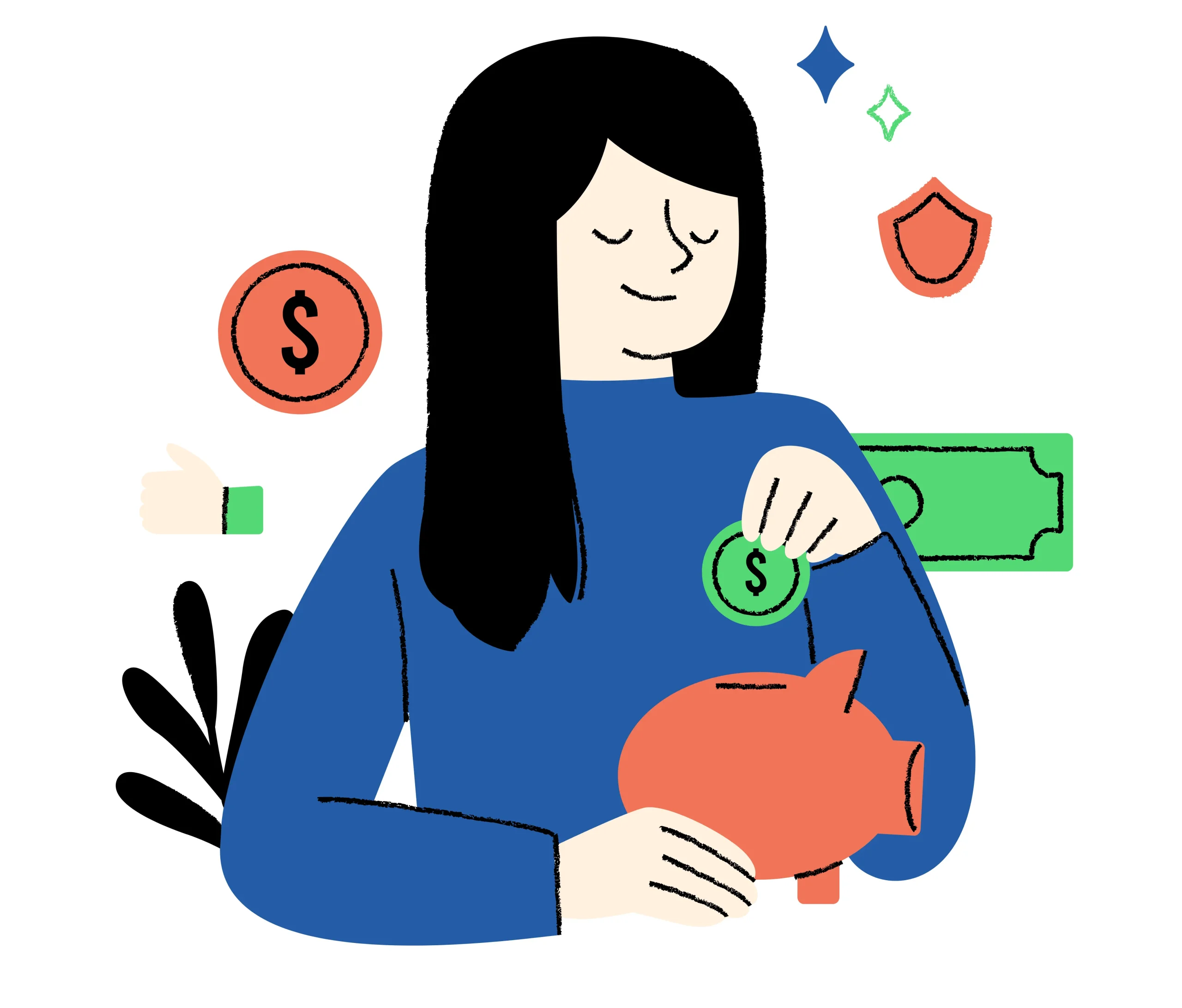 Ilustrasi gaya hidup hemat atau frugal living memperlihatkan seorang wanita menabung koin ke dalam celengan