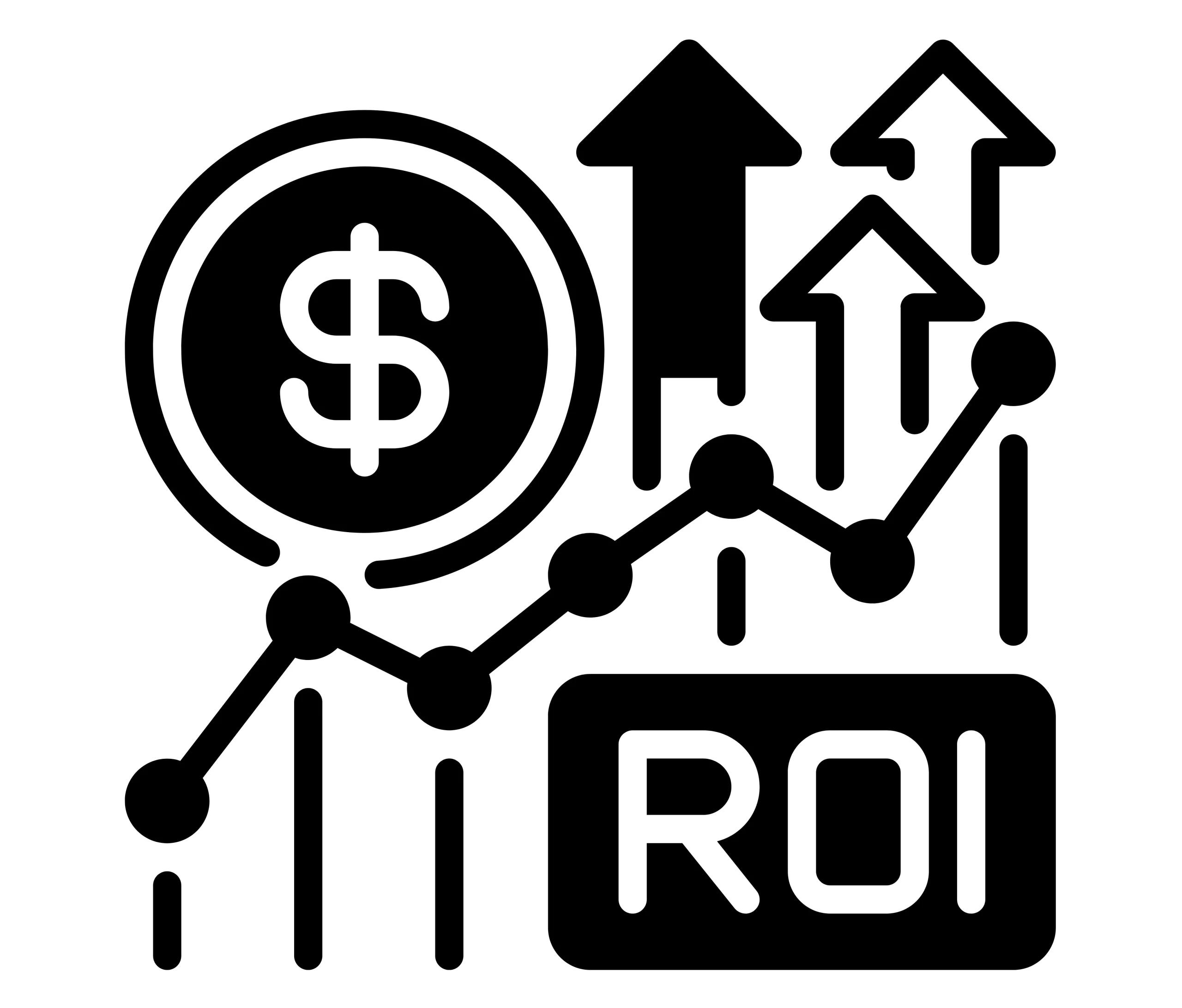 Ikon glif hitam putih Return On Investment (ROI) menampilkan grafik pertumbuhan investasi dan simbol koin dolar naik