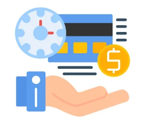 Ilustrasi konsep paylater atau beli sekarang bayar nanti dengan ikon kartu kredit, jam waktu, dan koin dolar di atas tangan
