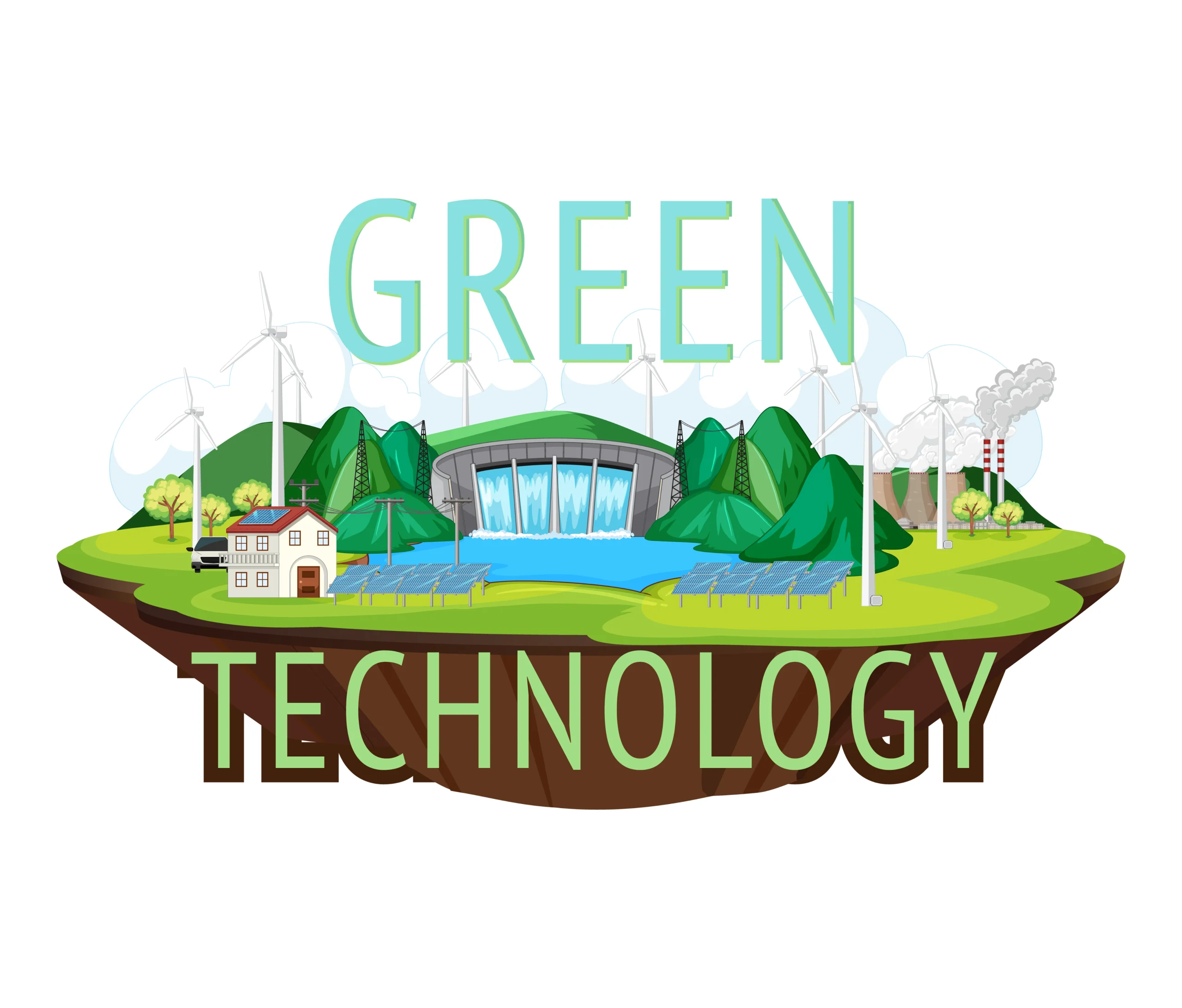 Ilustrasi bertema green wearables yang menampilkan lanskap green technology di atas pulau terapung.