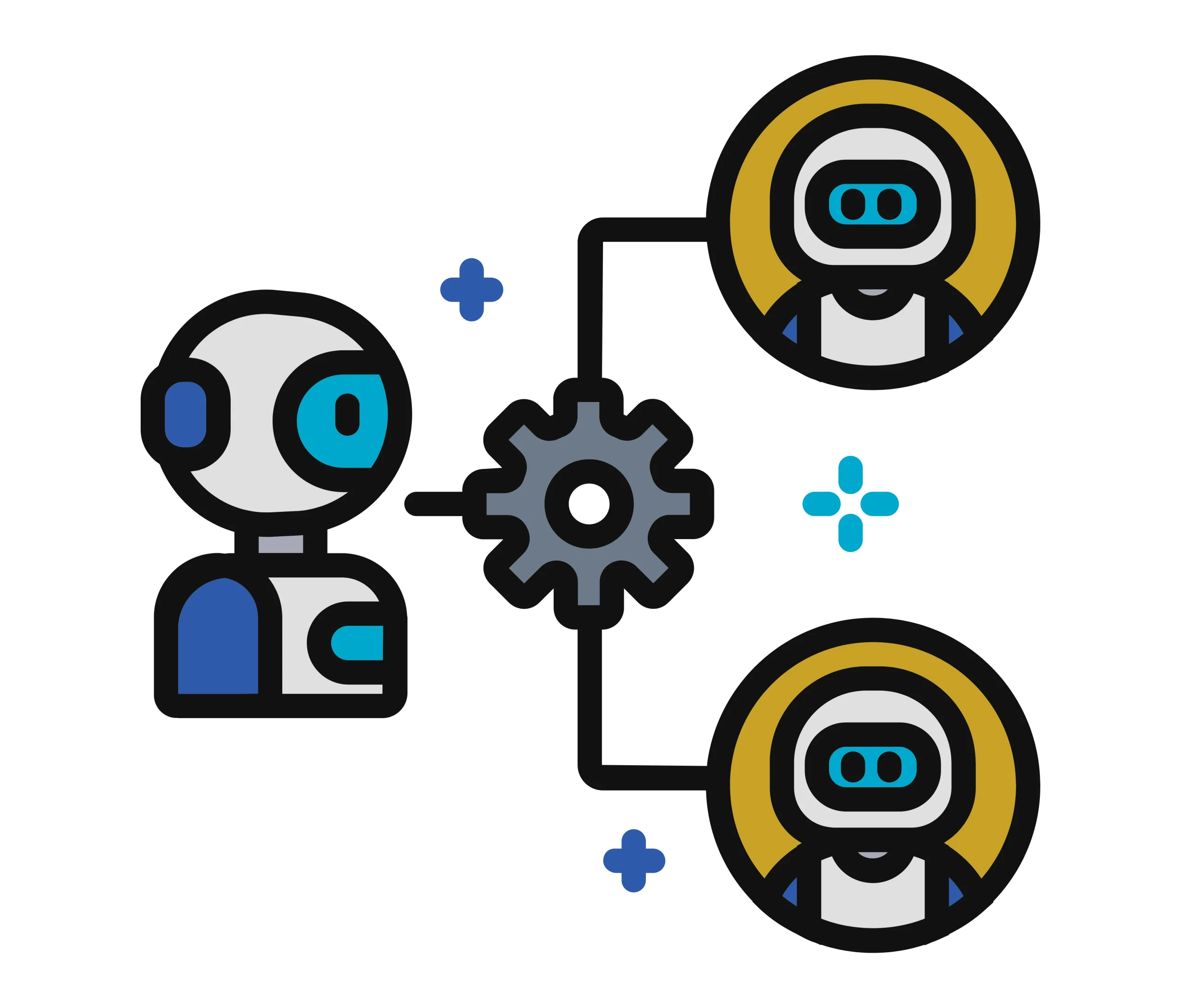 Ilustrasi MAS yang menampilkan satu robot utama terhubung dengan dua robot AI lainnya melalui roda gigi dan jaringan komunikasi. Ilustrasi MAS yang menampilkan satu robot utama terhubung dengan dua robot AI lainnya melalui roda gigi dan jaringan komunikasi.