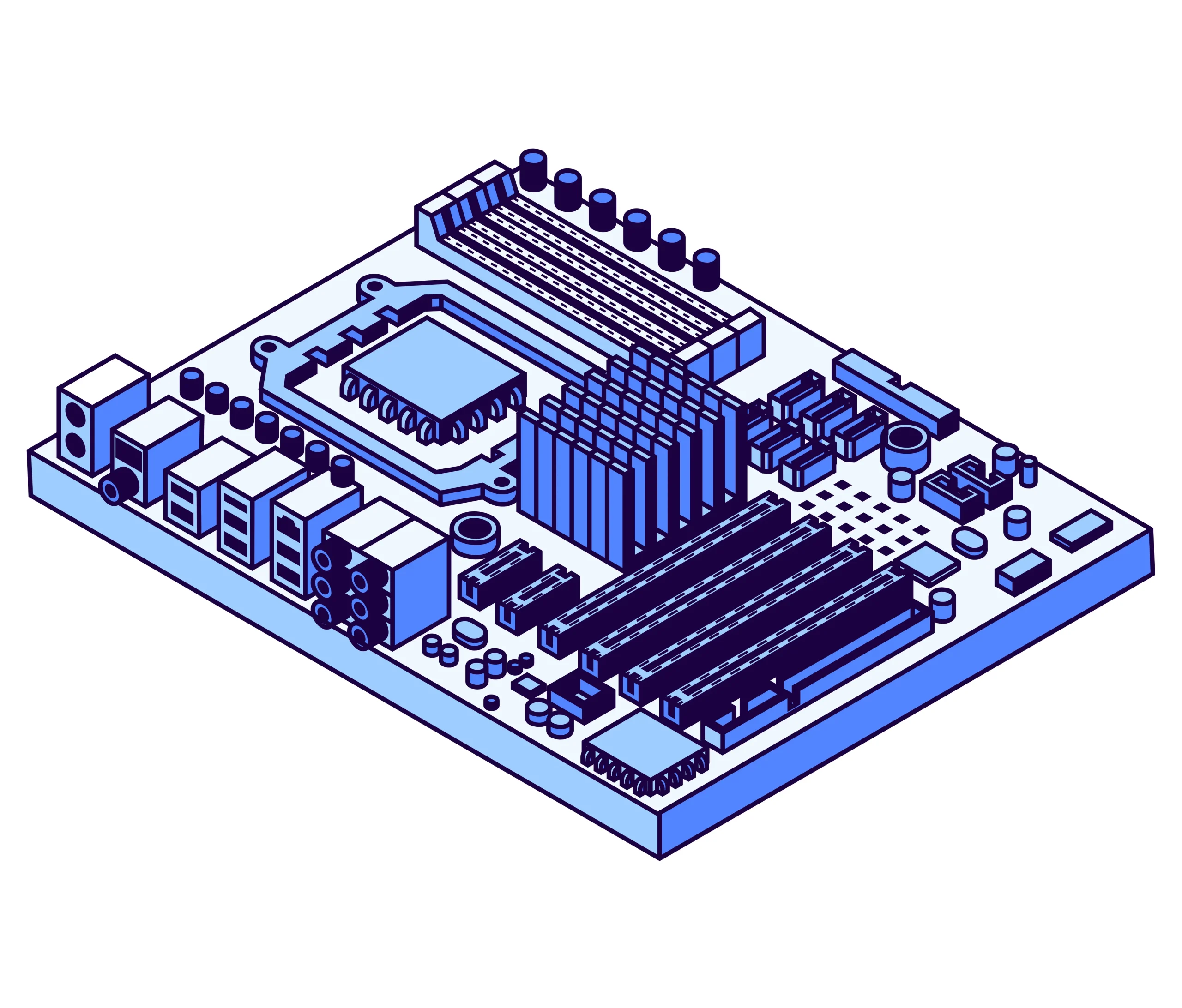Ilustrasi arsitektur prosesor isometrik papan sirkuit elektronik berwarna biru dan ungu Ilustrasi arsitektur prosesor isometrik papan sirkuit elektronik berwarna biru dan ungu