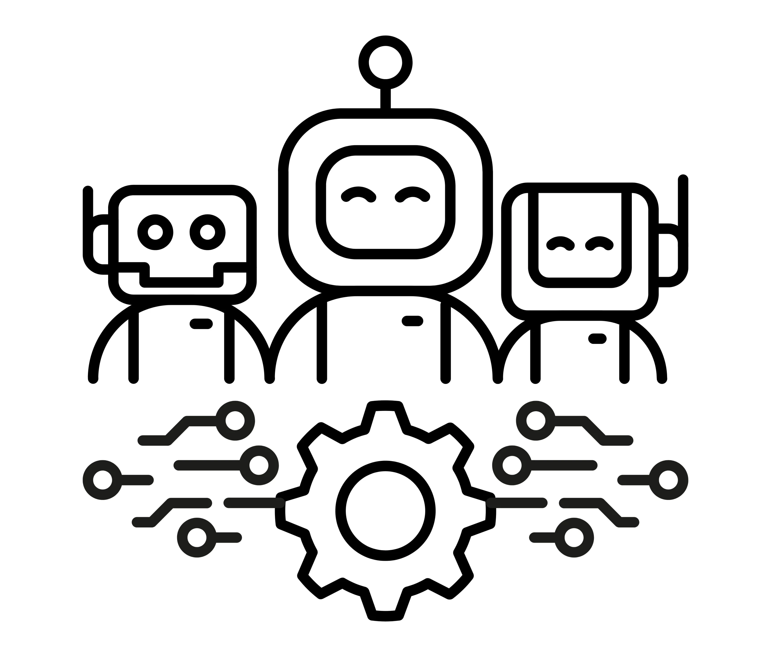Ilustrasi tiga robot AI yang saling terhubung menggambarkan konsep kolaborasi MAS Ilustrasi tiga robot AI yang saling terhubung menggambarkan konsep kolaborasi MAS