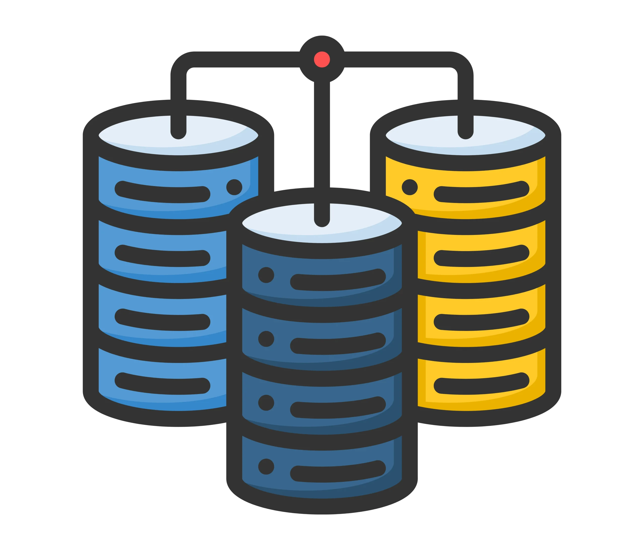 Ilustrasi sharding database yang saling terhubung dalam arsitektur data terdistribusi.