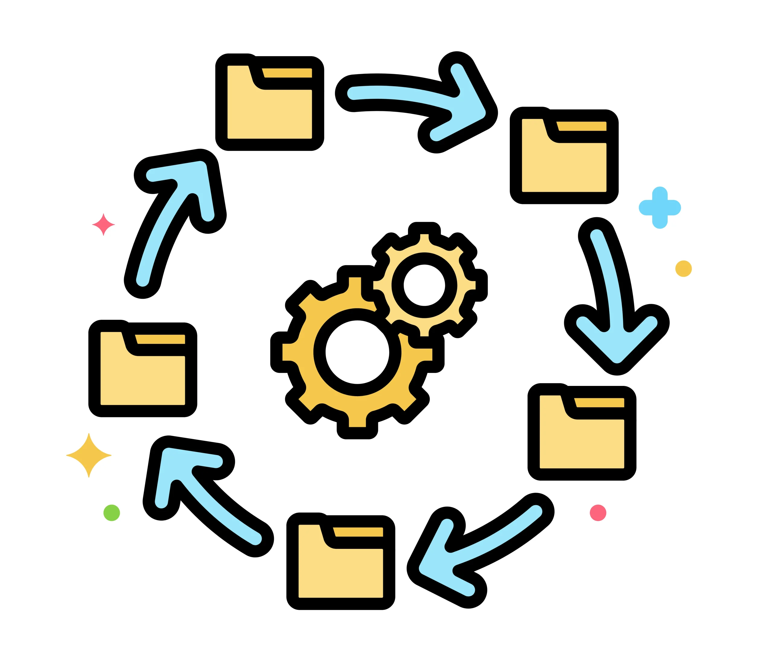 tool workflow automation yang dikelilingi ikon folder dan panah biru melingkar