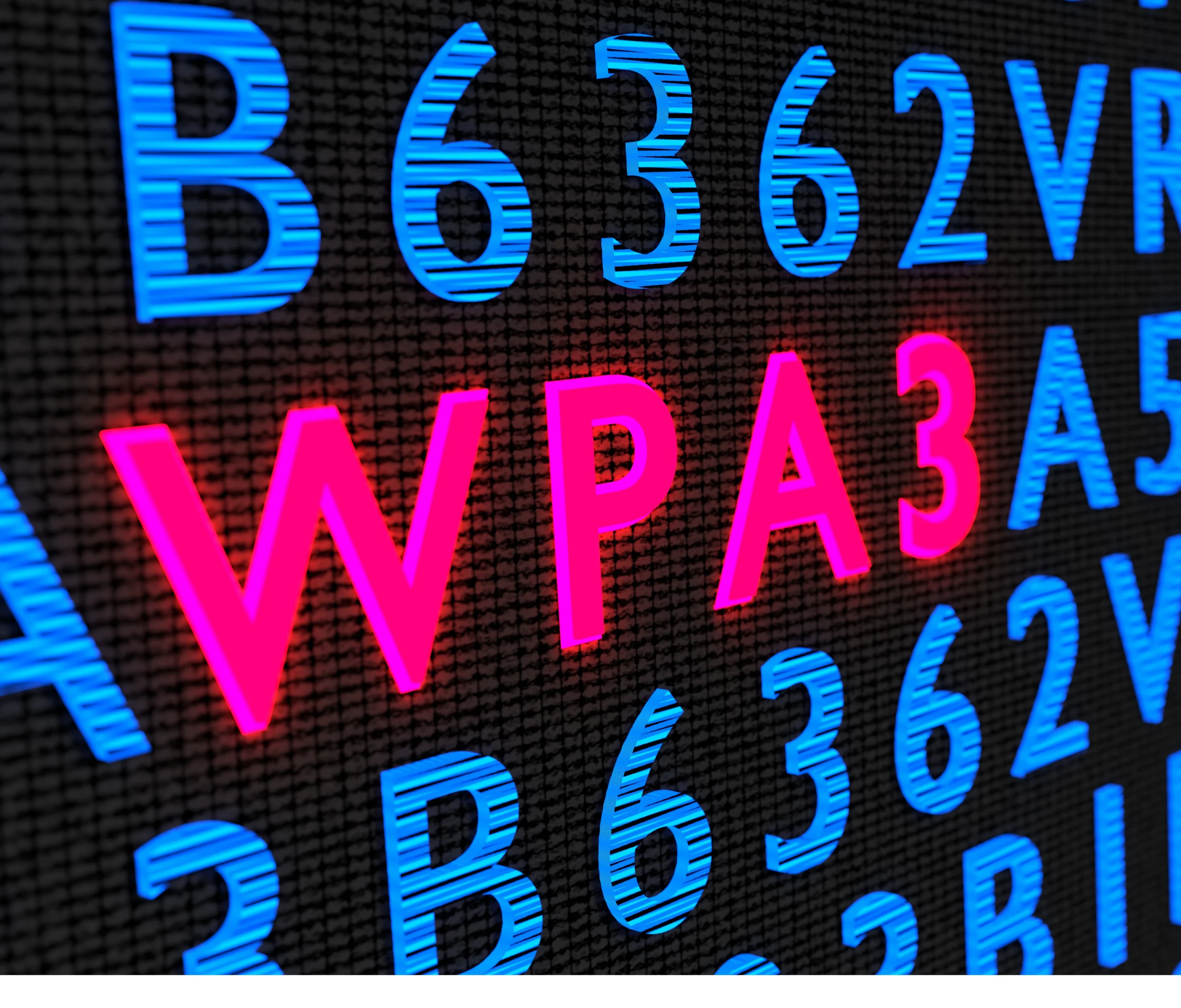 Teks WPA3 merah muda menyala di atas tampilan kode digital biru Teks WPA3 merah muda menyala di atas tampilan kode digital biru