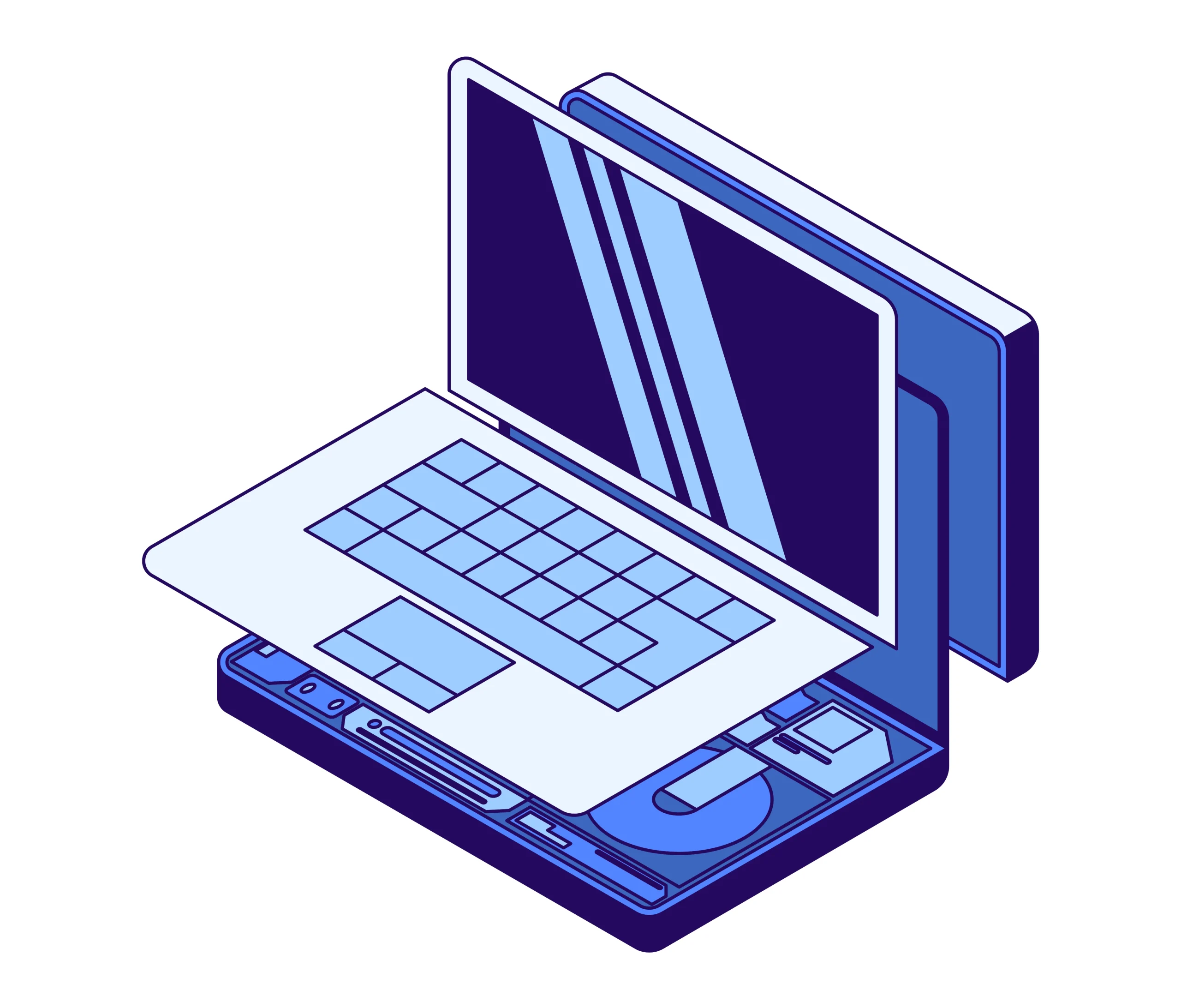 ilustrasi laptop dan komputer modern berwarna biru dan ungu dalam tampilan isometrik