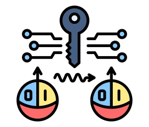 ilustrasi vektor yang menggambarkan proses Quantum Key Distribution (QKD) dengan simbol kunci digital di tengah yang dikelilingi jalur sirkuit
