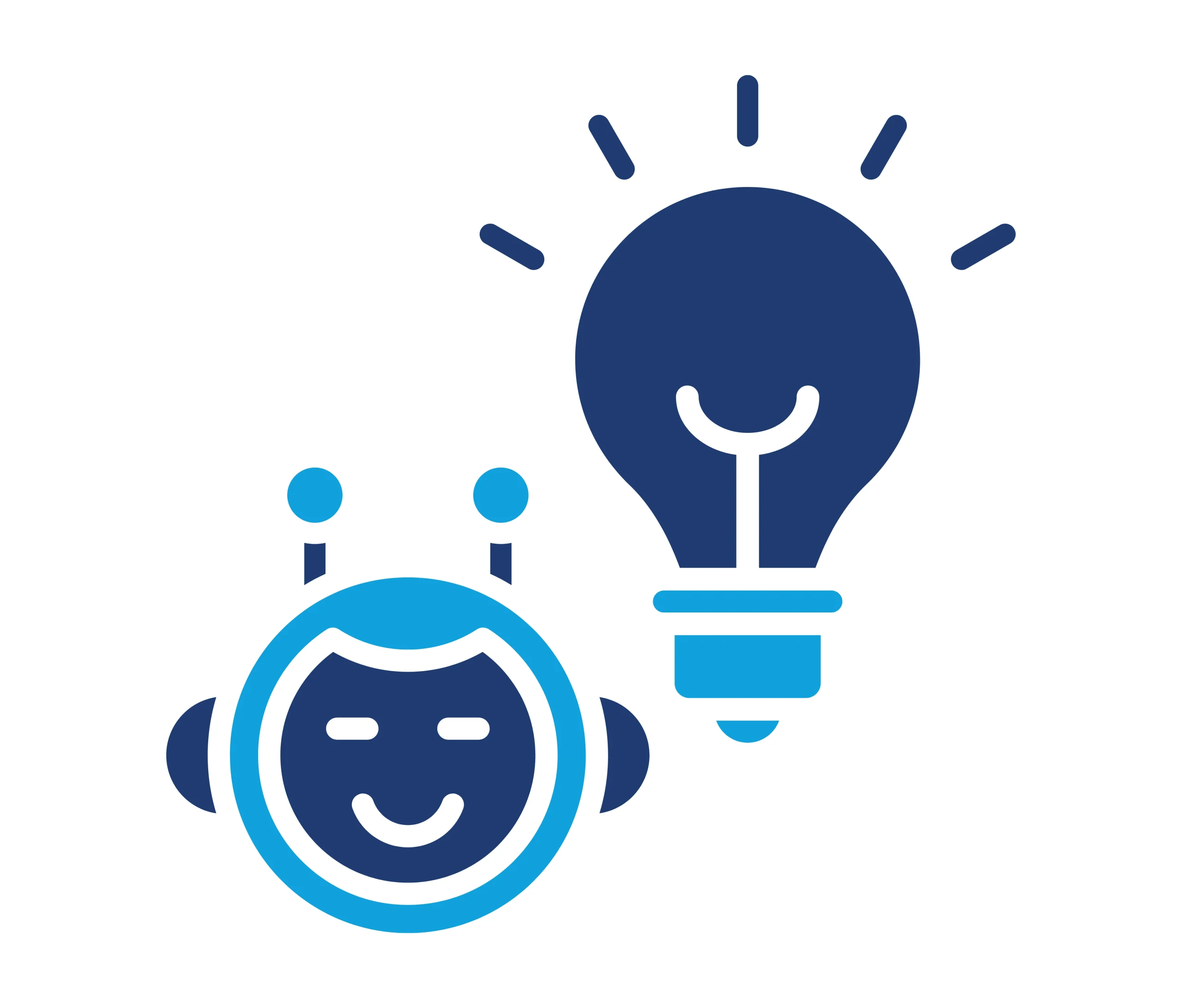 ikon kepala robot berwarna biru tua dan muda yang berdampingan dengan lambang bola lampu bercahaya sebagai simbol Explainable AI. ikon kepala robot berwarna biru tua dan muda yang berdampingan dengan lambang bola lampu bercahaya sebagai simbol Explainable AI.