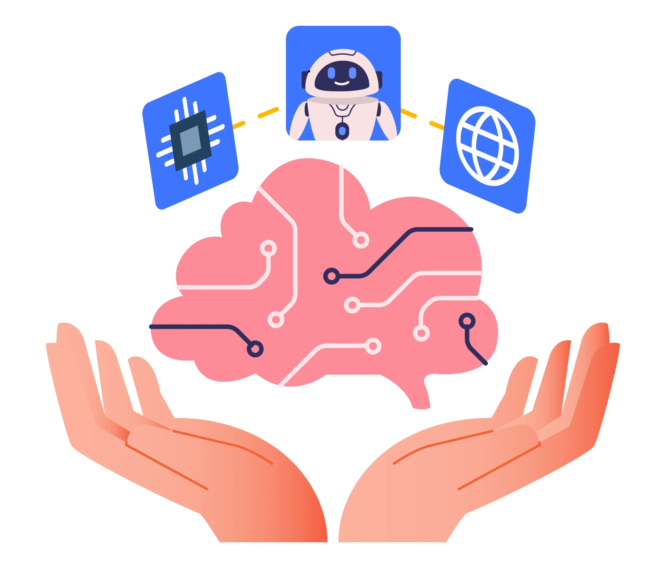 ilustrasi datar tangan memegang otak merah muda dengan pola sirkuit elektronik dan terhubung ke ikon chip, robot, dan dunia, mewakili konsep synthetic data.