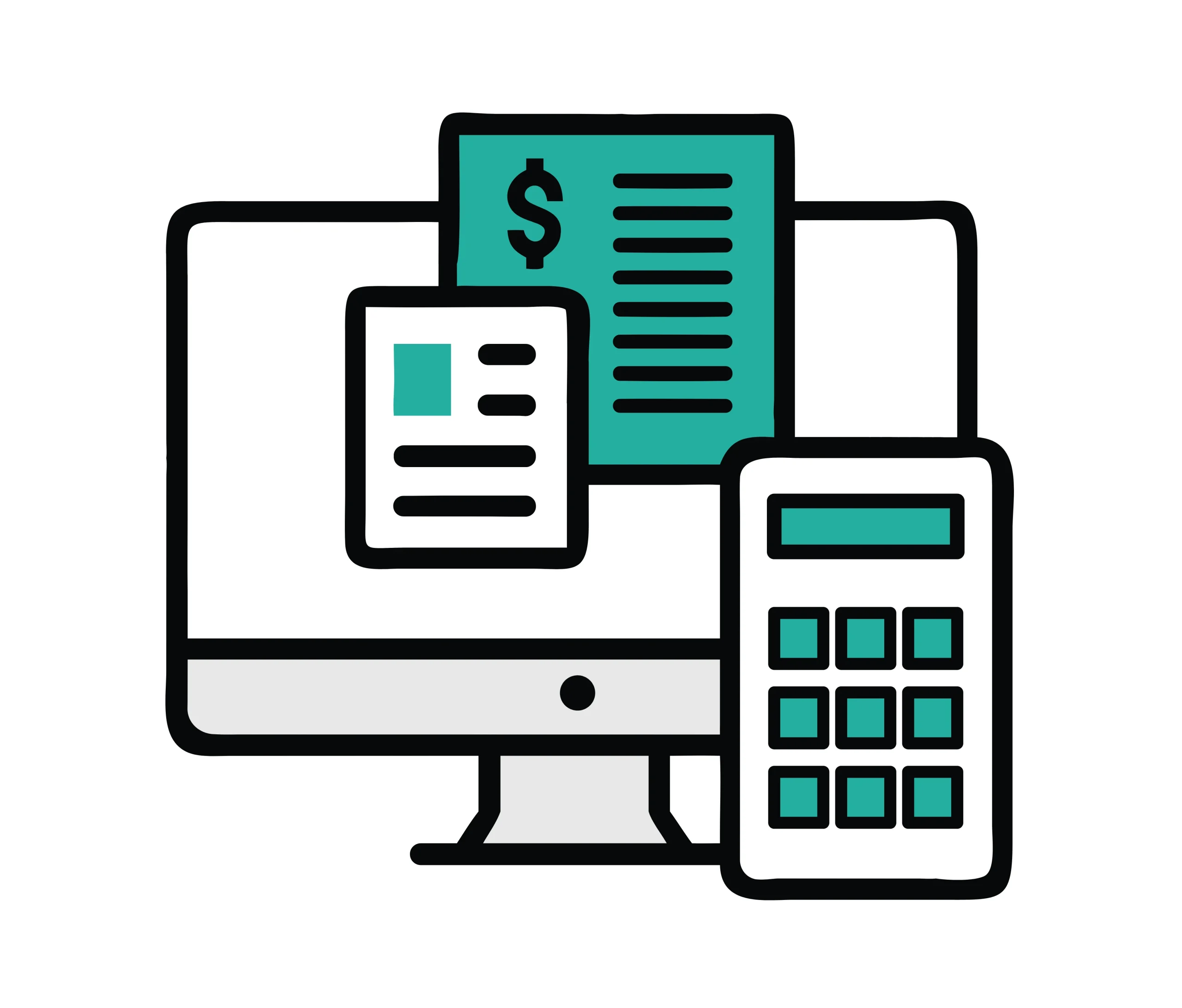 monitor komputer yang menampilkan dokumen finansial berikon mata uang dolar dan kalkulator di sampingnya sebagai representasi laporan Software Bill of Materials (SBOM).