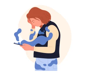 ilustrasi seorang wanita memegang smartphone dengan ekspresi lesu, terdampak efek negatif doomscrolling ilustrasi seorang wanita memegang smartphone dengan ekspresi lesu, terdampak efek negatif doomscrolling