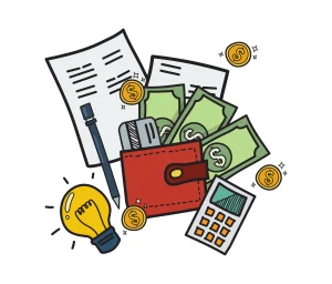 perlengkapan mengelola keuangan yang terdiri dari dompet merah berisi uang kertas, kartu, koin, kalkulator, catatan, bolpoin, serta bola lampu menyala