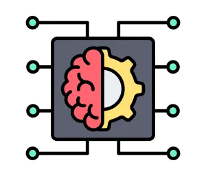 ilustrasi digital dari sirkuit chip komputer abu-abu dengan otak organik berwarna merah muda yang melambangkan pembuatan synthetic data.