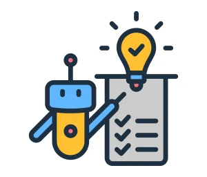 ikon robot yang sedang memeriksa dokumen daftar komponen berisikan tanda centang dan bola lampu, sebagai simbol integrasi Explainable AI. ikon robot yang sedang memeriksa dokumen daftar komponen berisikan tanda centang dan bola lampu, sebagai simbol integrasi Explainable AI.