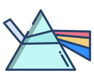 Ilustrasi berwarna bertema Silicon Photonics yang menunjukkan pembiasan cahaya melalui prisma segitiga