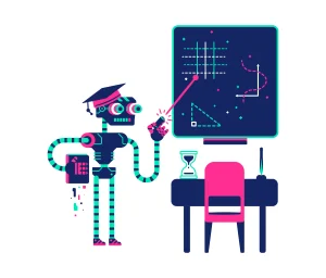 ilustrasi datar robot bergaris biru dan hijau yang melambangkan konsep synthetic data