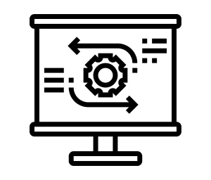 layar monitor yang menampilkan ikon roda gigi dikelilingi oleh alur panah proses dan diagram blok sebagai simbol otomatisasi alur kerja Software Bill of Materials (SBOM).