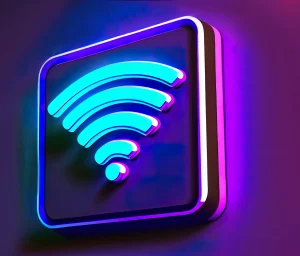 Ilustrasi teknologi jaringan nirkabel Wi-Fi 7 dengan teks IEEE 802.11 dan roda gigi berlatar belakang server data