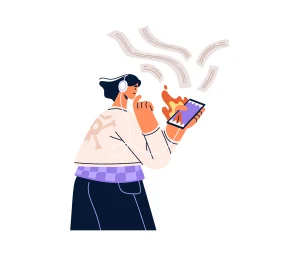 Ilustrasi seorang mengenakan headphone menatap layar smartphone yang terbakar api, melambangkan kelelahan akibat doomscrolling Ilustrasi seorang mengenakan headphone menatap layar smartphone yang terbakar api, melambangkan kelelahan akibat doomscrolling