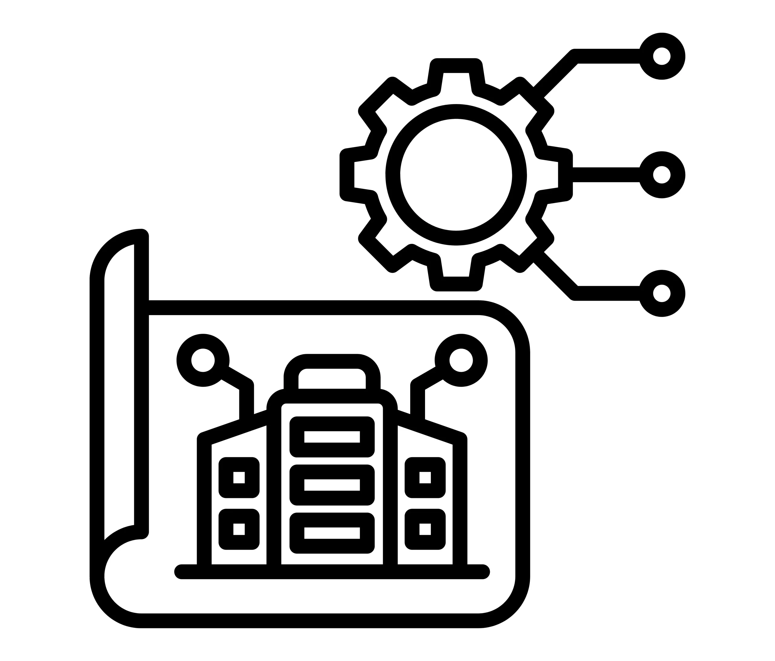 garis hitam-putih yang menggambarkan konsep enterprise architecture berupa cetak biru bangunan perusahaan terhubung dengan roda gigi sistem teknologi