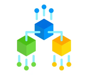 kubus terdesentralisasi yang saling terhubung, melambangkan struktur jaringan Distributed Ledger Technology (DLT)