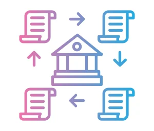 gedung pemerintah/layanan publik yang dikelilingi dokumen dan panah sirkular, melambangkan transparansi dan pertukaran data publik berbasis DLT